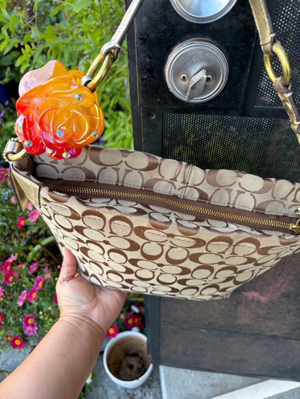 Gorgeous Y2k Coach F16879 Bleecker Leather Floral CARLY Khaki Gold Shoulder bag - Picture 8 of 16